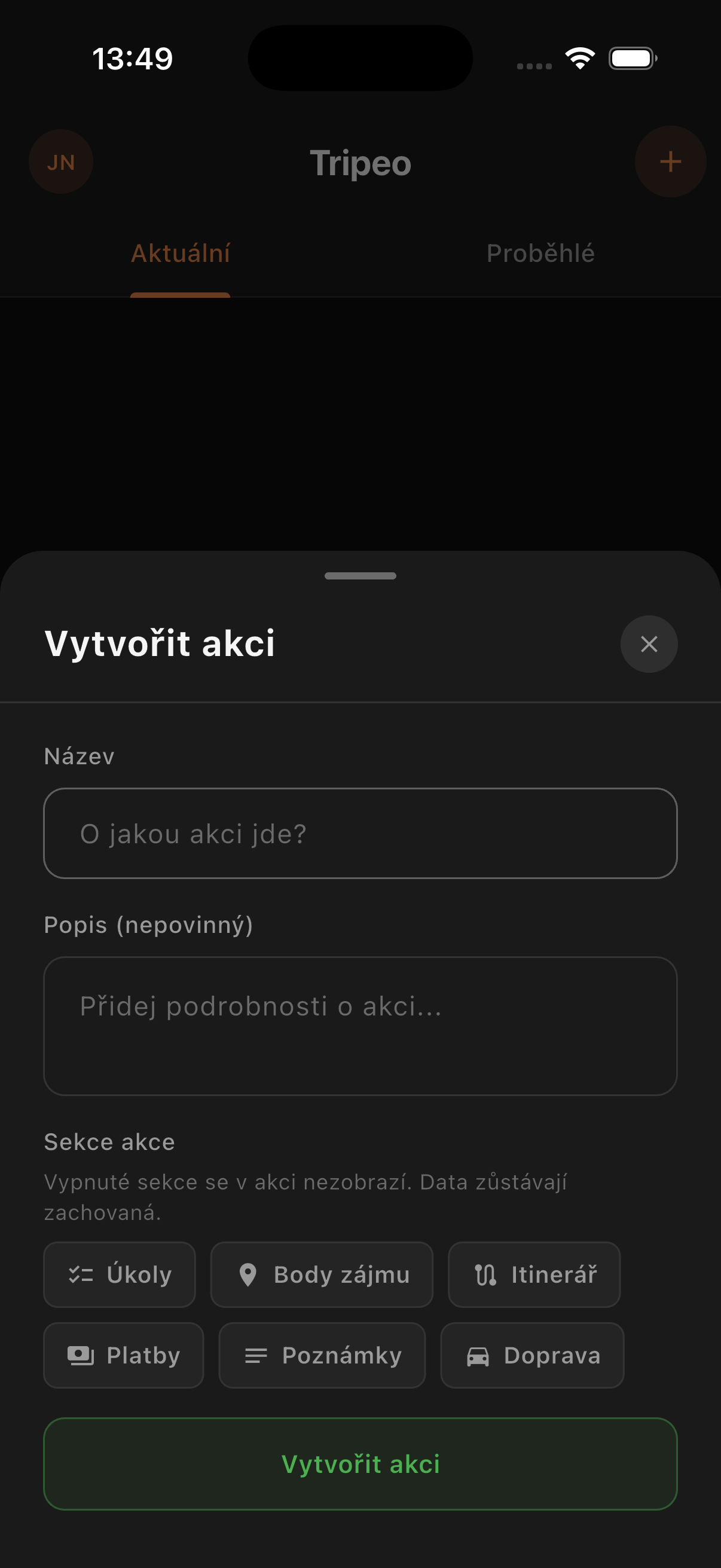 Náhled aplikace Tripeo – přehled akce